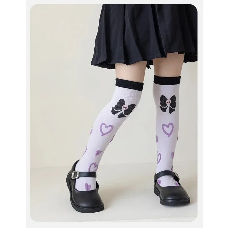 4 Pairs Girls Cute Sanrio Kuromi Purple Knee Long Socks Kawaii Cartoon Anime Cotton Children Toddler Middle Tube Socks Gift