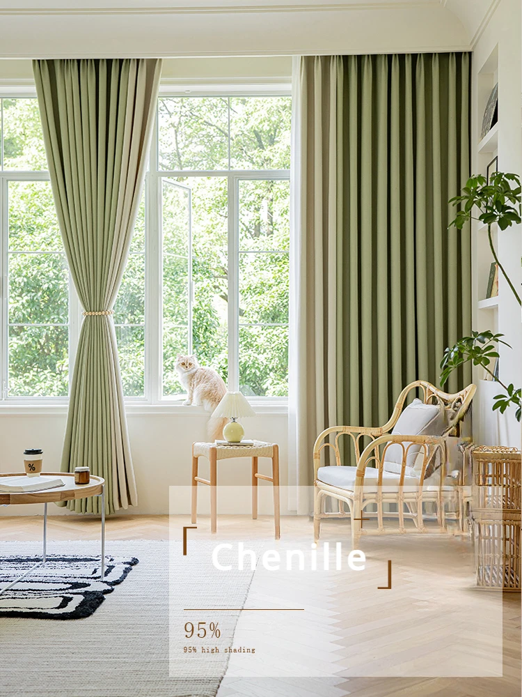 

2023 Modern Simple Chenille Curtains for Living Room Bedroom Light Luxury Full Blackout Solid Color Window Decor Custom Cloth