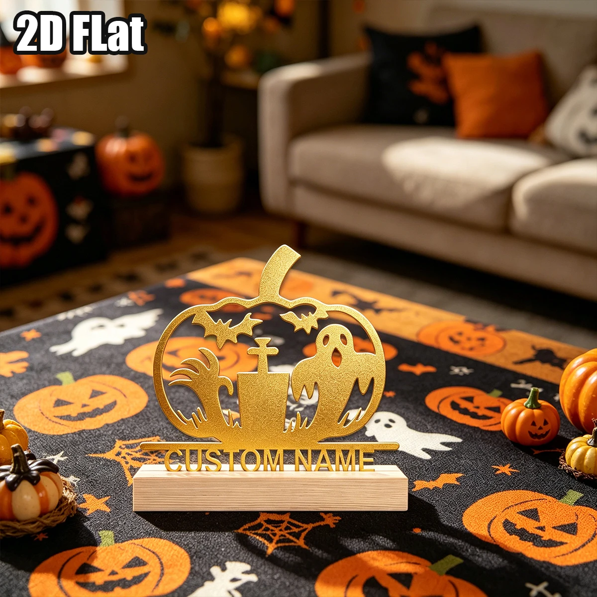 1Pc Custom Halloween Ghost Wooden Base Metal Ornament,Home Room Desktop Decor,Ideal Birthday Wedding Halloween Festive Gift