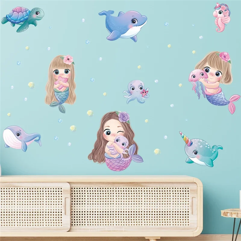 Cartoon Mermaid Whale Sealifes Bubble Wall Sticker For Kids Bedroom Bathroom Decoration Ocean Mural Art Home Decals Pvc Poster