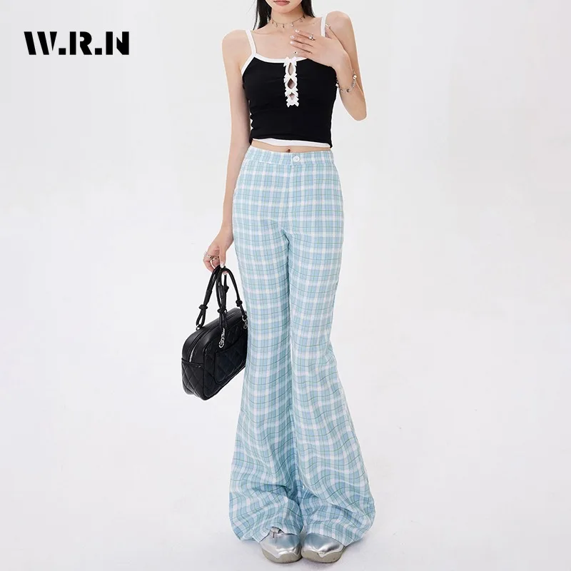 2024 Summer Sexy Casual Plaid Print High Waist Wide Leg Flared Pants Women's Fashion Sheath Hotsweet Full Length Trousers