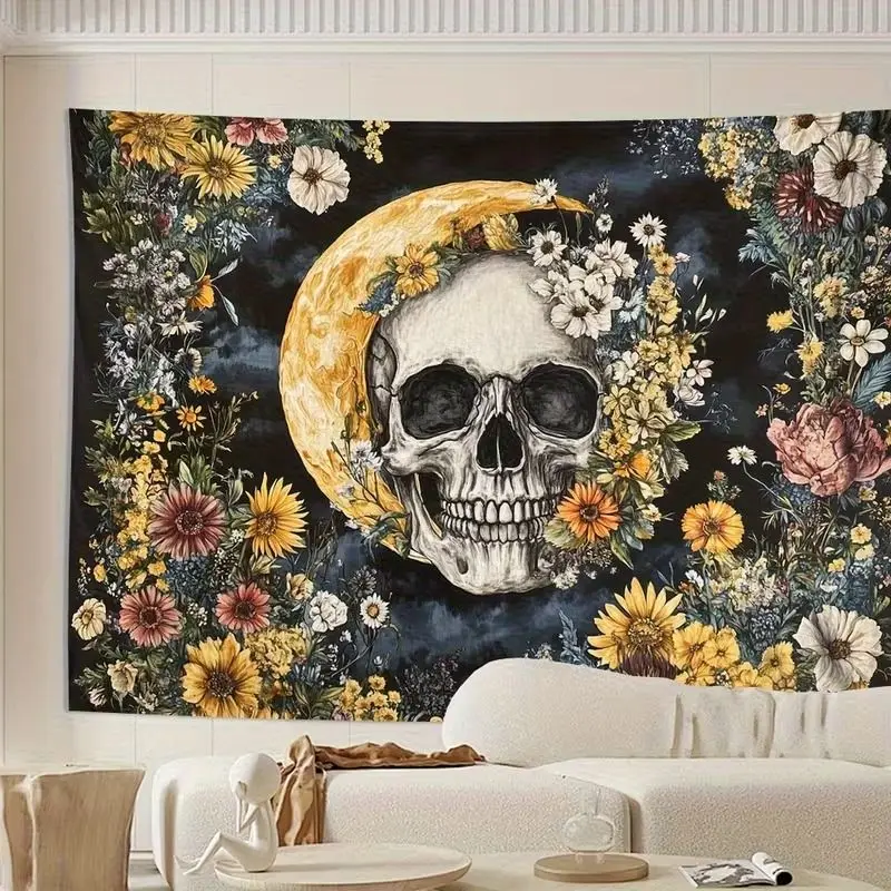 VIKAMA Gothic Skull Tapestry Sunflower Floral Moon Dark Bloom Celestial Moth Butterfly Vintage Halloween Wall Decor
