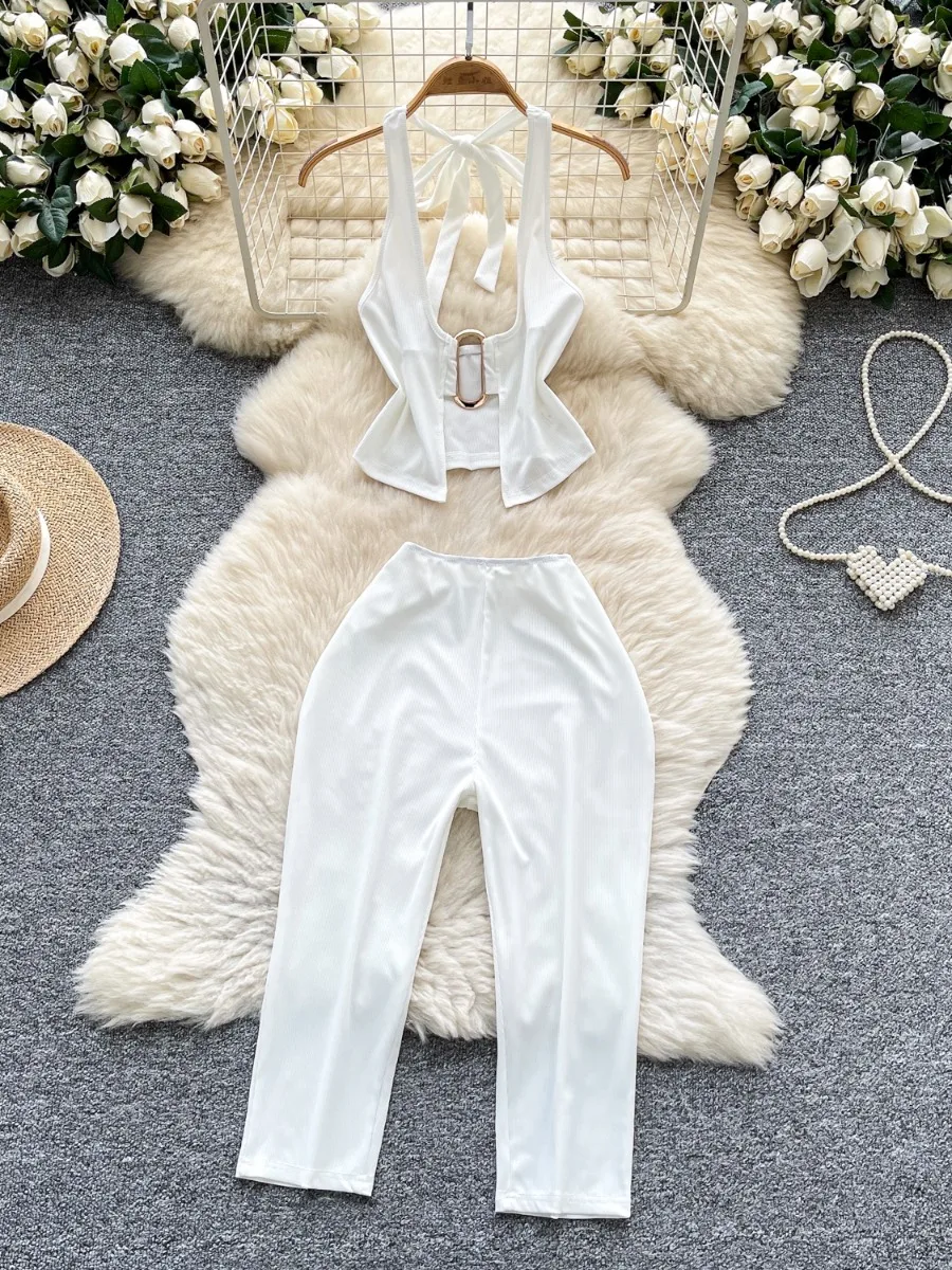 

Foamlina 2025 летний сексуальный жилет с лямкой на бретельках и узкие повседневные брюки для девочек, комплект из двух предметов в европейском стиле для женщин