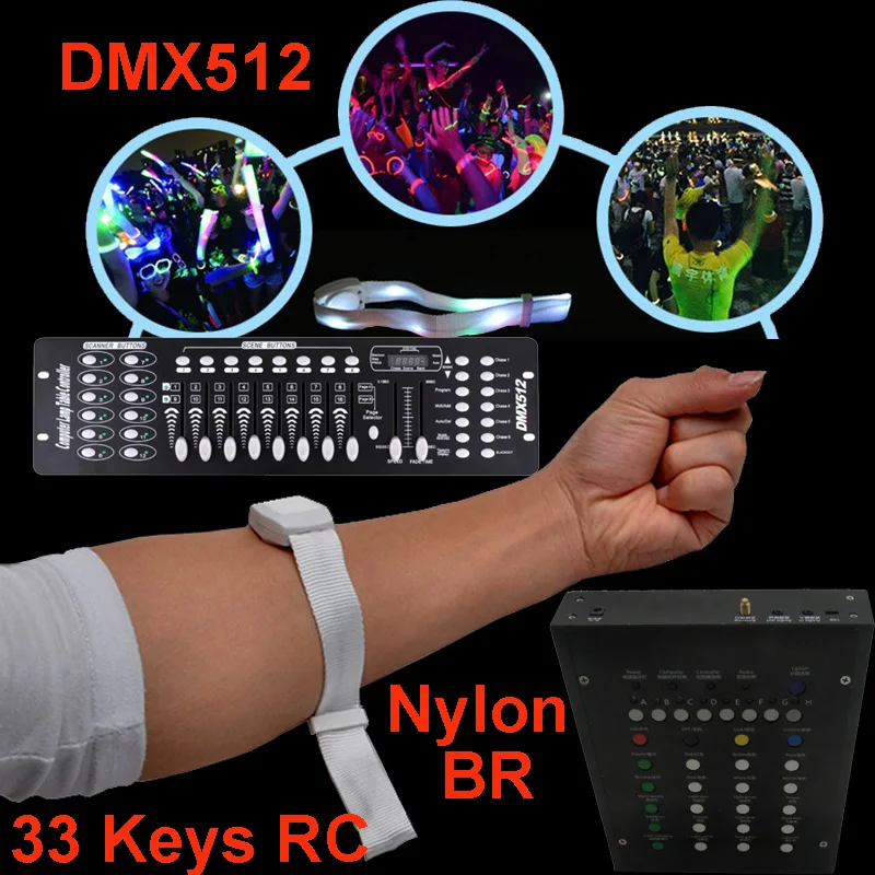 

DMX512 RGB Nylon LED Bracelet Flash Wristband With 33 Keys Remote Control Radius 600m For Party Event Free Shipping 100pcs/Lot