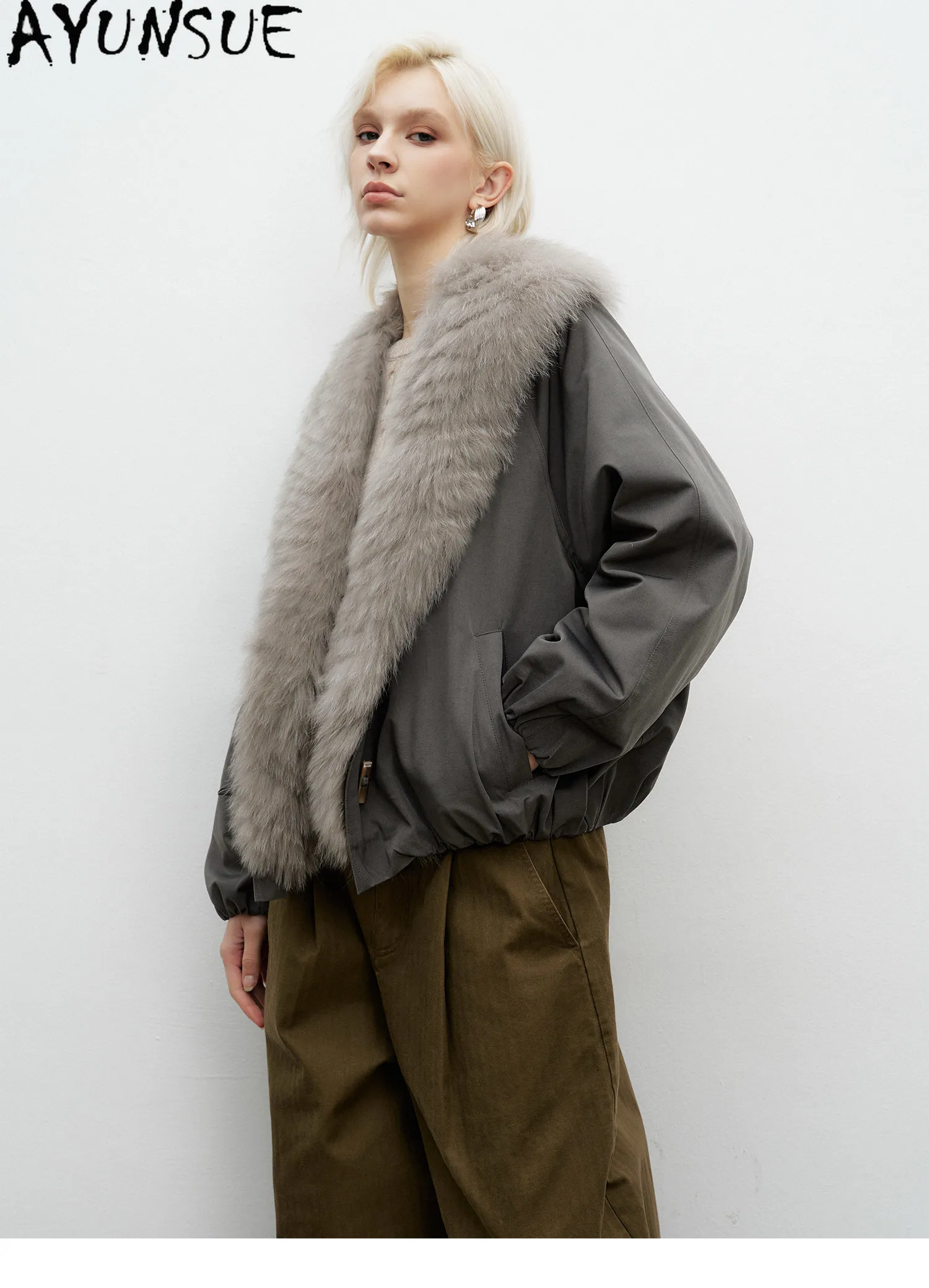 AYUNSUE White Goose Down Women Warm Winter Clothing Real Fox Fur Collar Down Jacket Loose Fit Fashion Short 2026 Пальто Женское