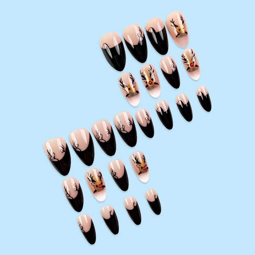 Faux ongles courts à pression de noël en amande, 24 pièces, strass, vacances, colle sur couverture complète, ongles artificiels pour femmes