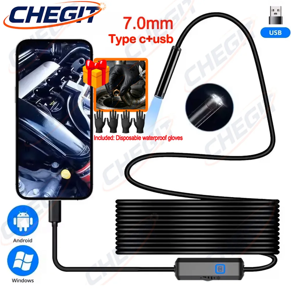 

7MM TYPE-C Android Endoscope Camera IP67 Waterproof 6 LED Adjustable Borescope Mini Camera for Pipeline Inspection Gift gloves