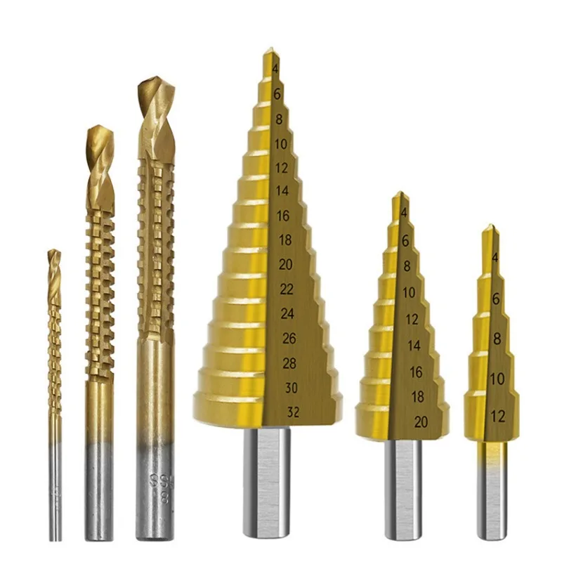 Triangle Shank Step Drill Bit Set 6pcs Pagoda Drill Grooving Saw Drill for Woodworking