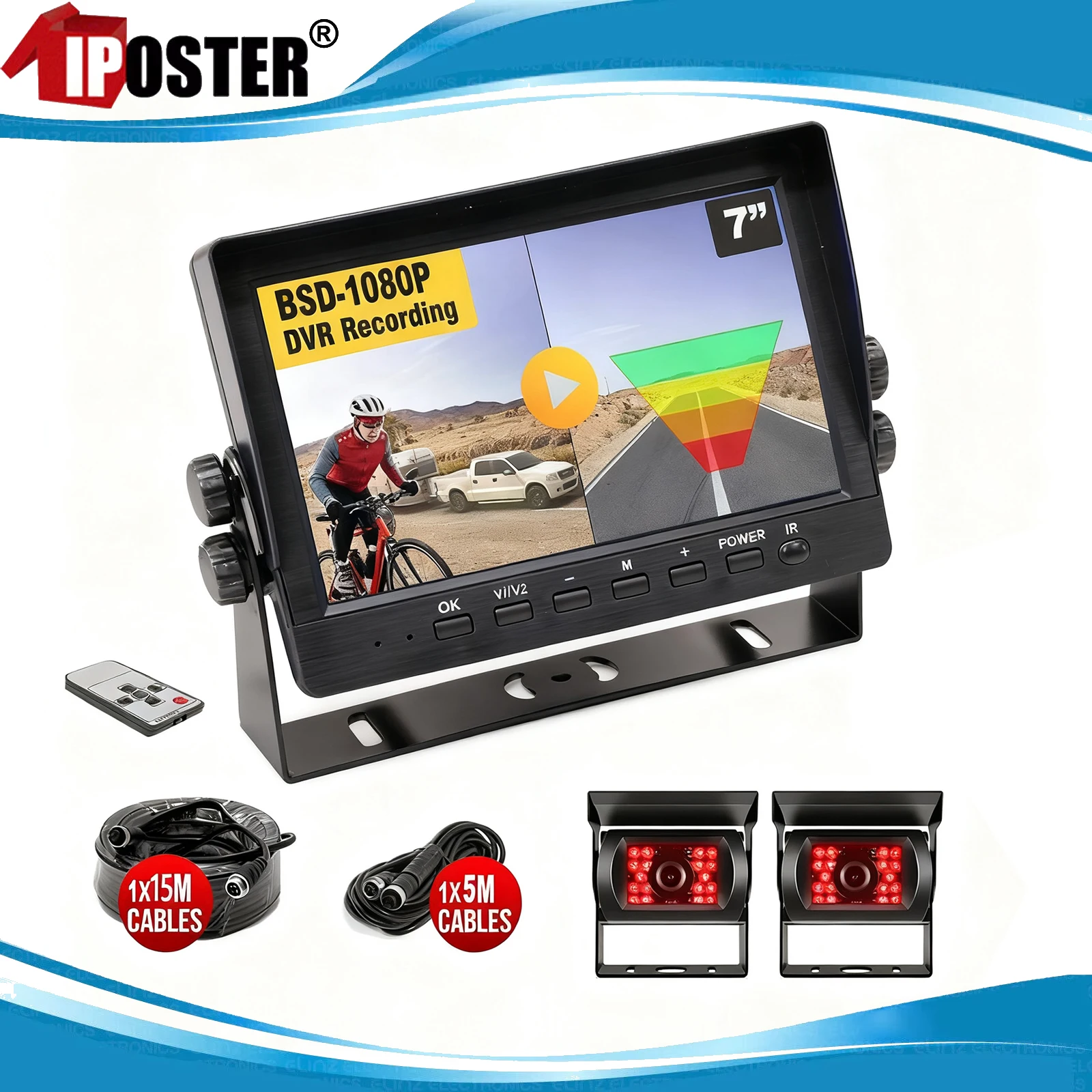 

iPoster 2x AHD 1080P Reversing Camera 7'' Split 2 Screen DVR BSD Monitor For Caravan Truck Bus Trailer Motorhome Icecream Car