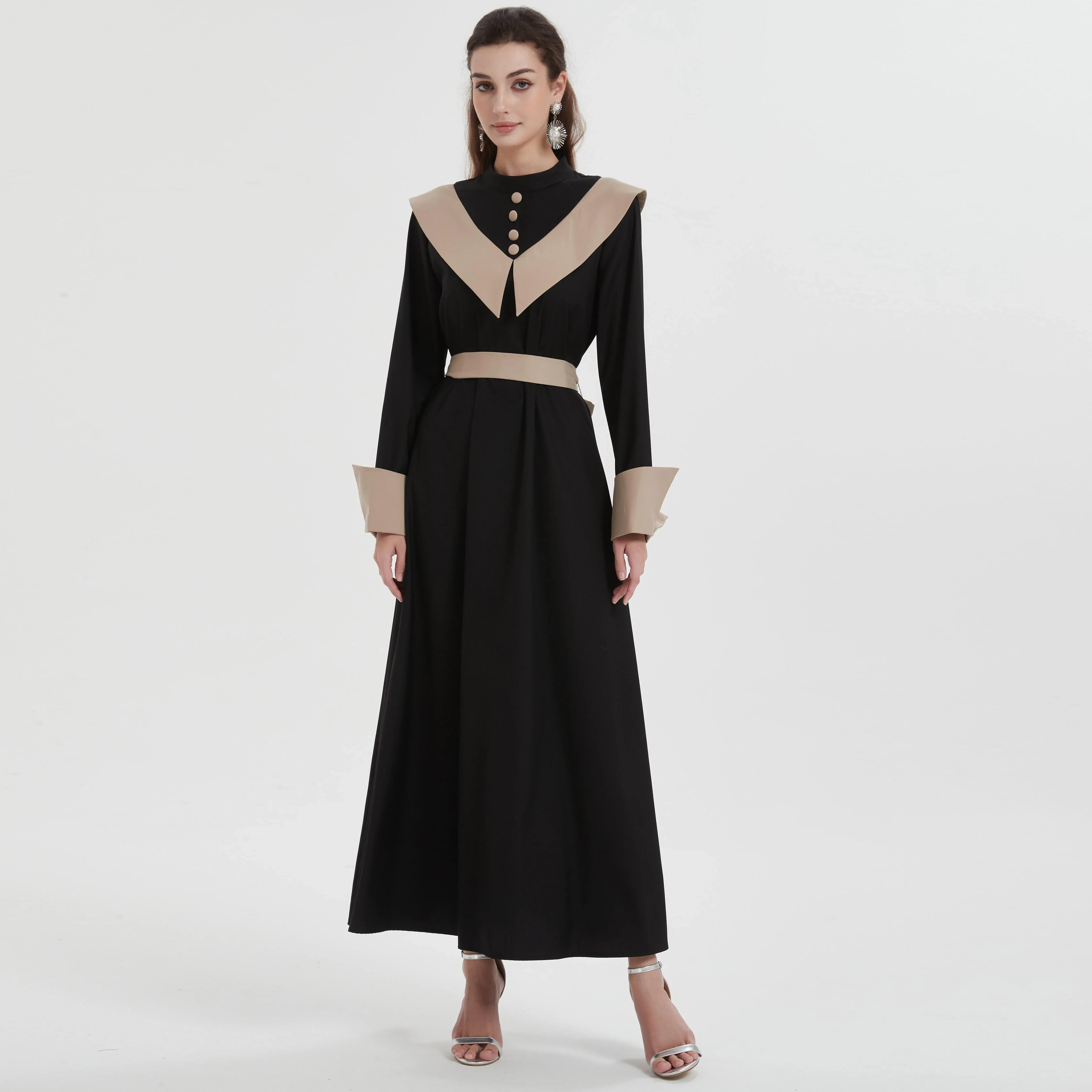 Islamic clothing Middle East Muslim women's Maxi dress color contrast neckline cuff design slim dress Abaya