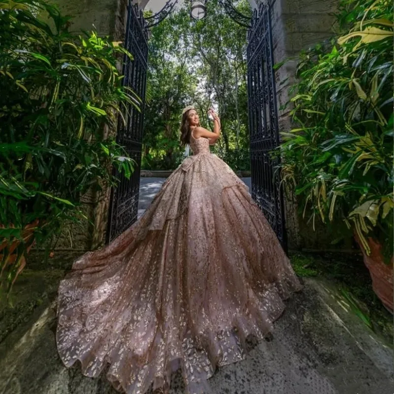 Customized Graceful Temperament Ball Gown Sweetheart Sparkly Beaded Bow Mexican Sweet  Rose Gold Shinny Quinceanera Dresses