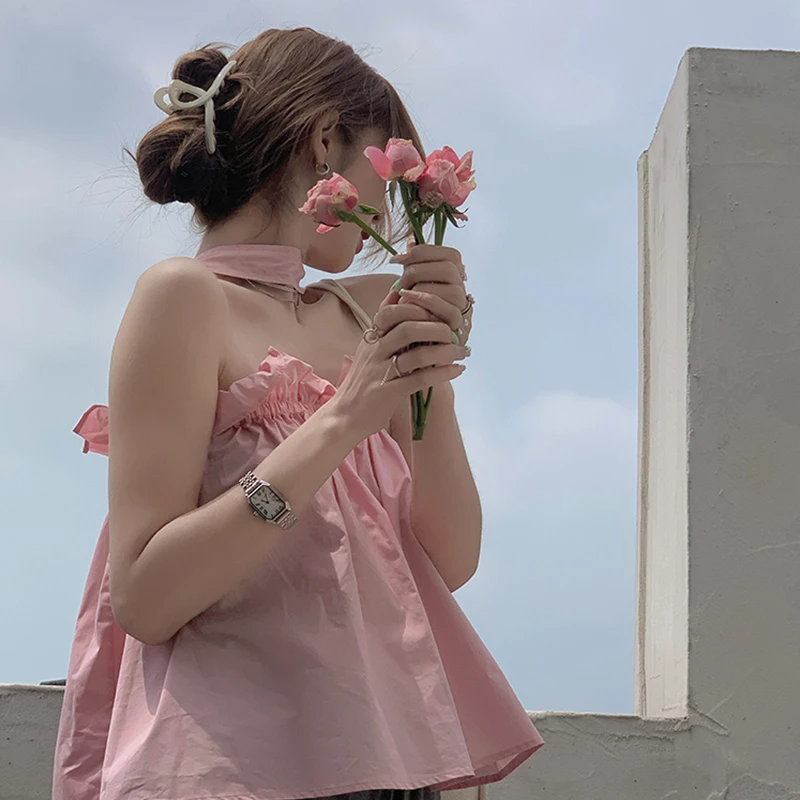 صيف جديد تصميم الجنية واحد الكتف سترة حزام المرأة الأعلى الجوف خارج بال الكورية Sle سليم صالح ort طول Tirt