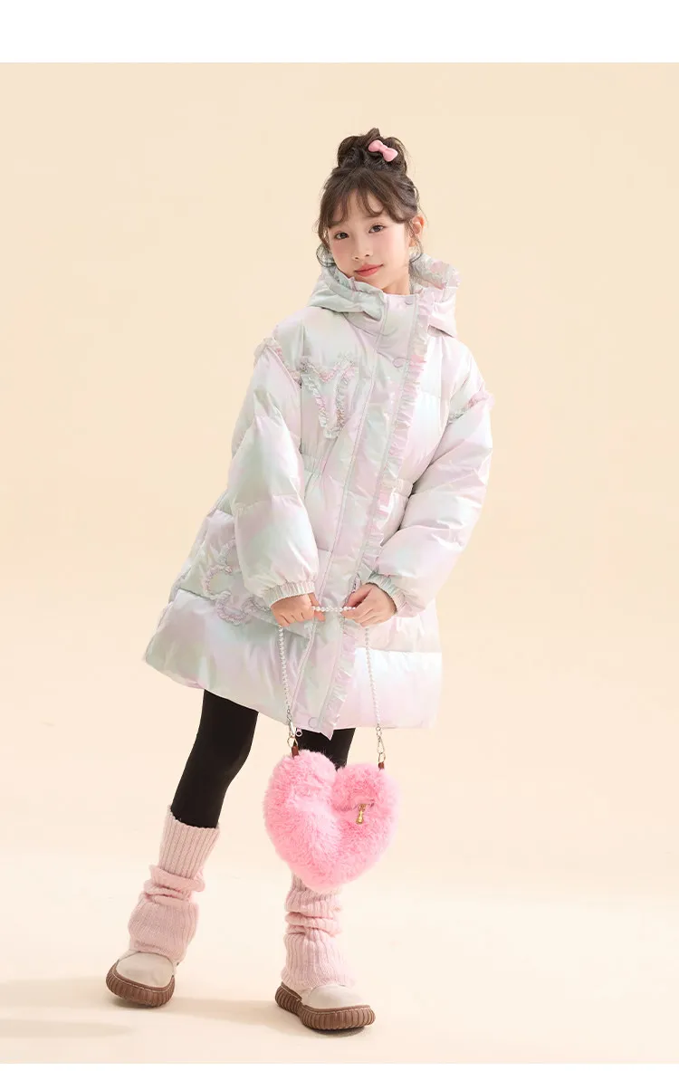 Langer Daunenmantel mit Kapuze für Mädchen, 90 % weiße Entendaunen, warmer Winterparka mit Spitze und Rüschen, winddichte, dicke Oberbekleidung für Teenager und Kinder, A5123 – Detail 14