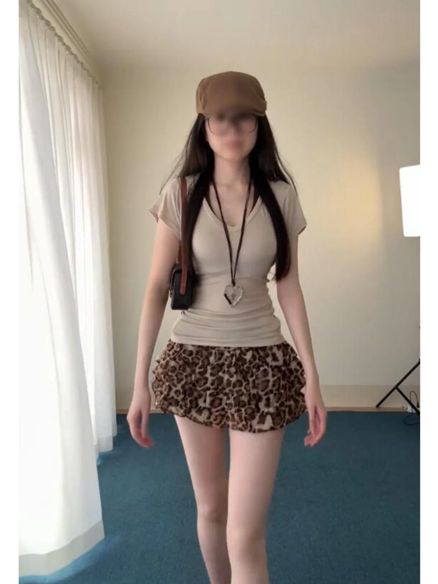 

Sexy Summer Short Skirt for Women High Waist Elastic Waist Contrast Color Leopard Print Flounce Half-length Cake Skirt
