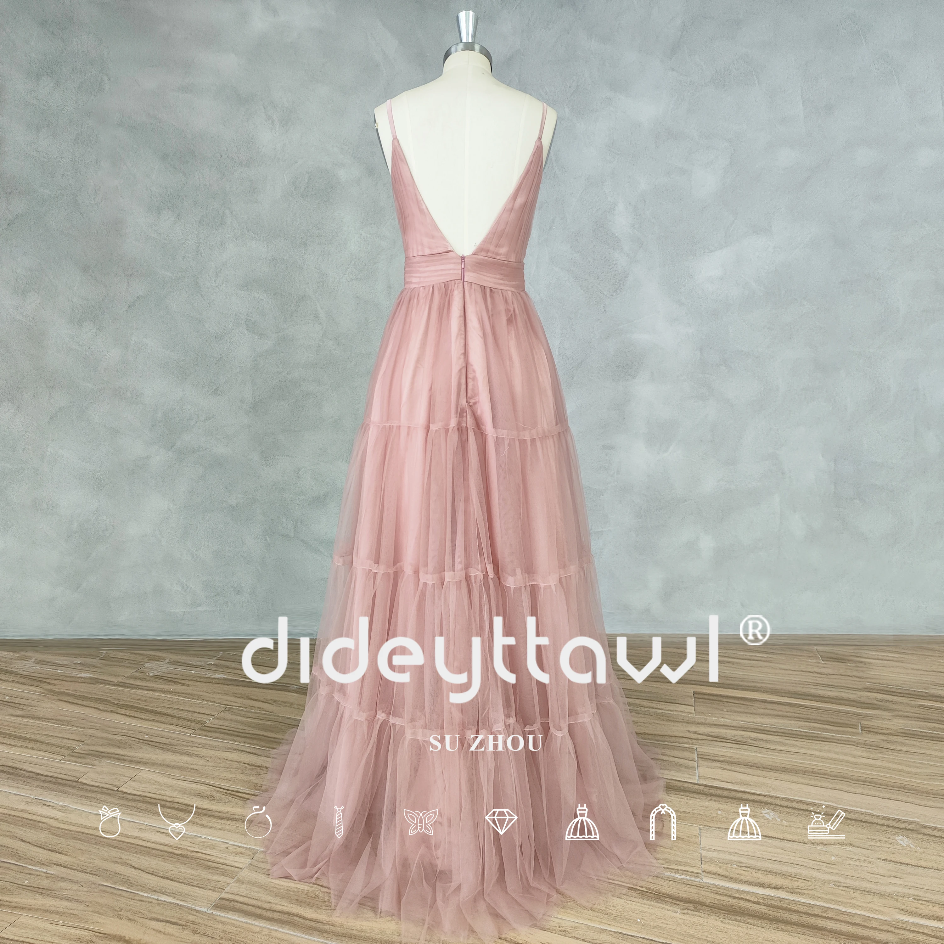 DIDEYTTAWL Real Picture Dusty Pink Deep V-Neck Sleeveless Backless Prom Dresses Ruched Tulle A-line Floor Length Evening Gown