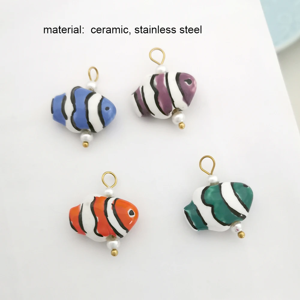 1pc QMHJE Ceramics Glass Pendant Charm Heart Flower Fish Cherry Handmade DIY Butterfly Necklace Stainless Steel Wholesale