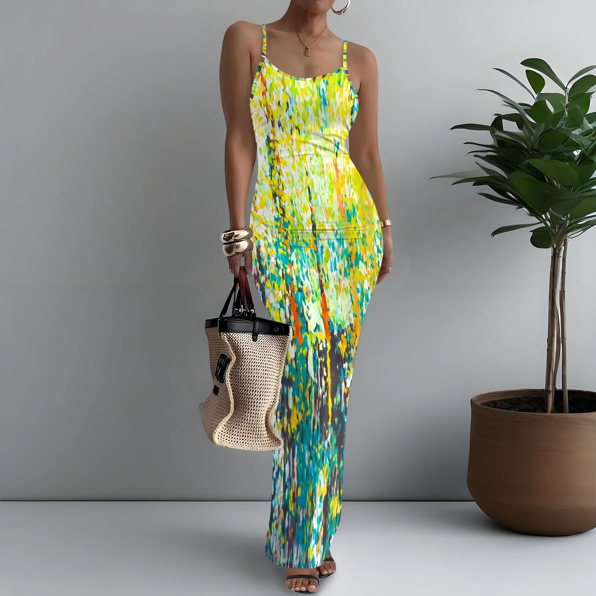 

Colorful Spaghetti Strap Maxi Dress for Women, Summer Beachwear, Floral Tie-Dye Pattern, Perfect for Vacation, Sizes XS-3XL