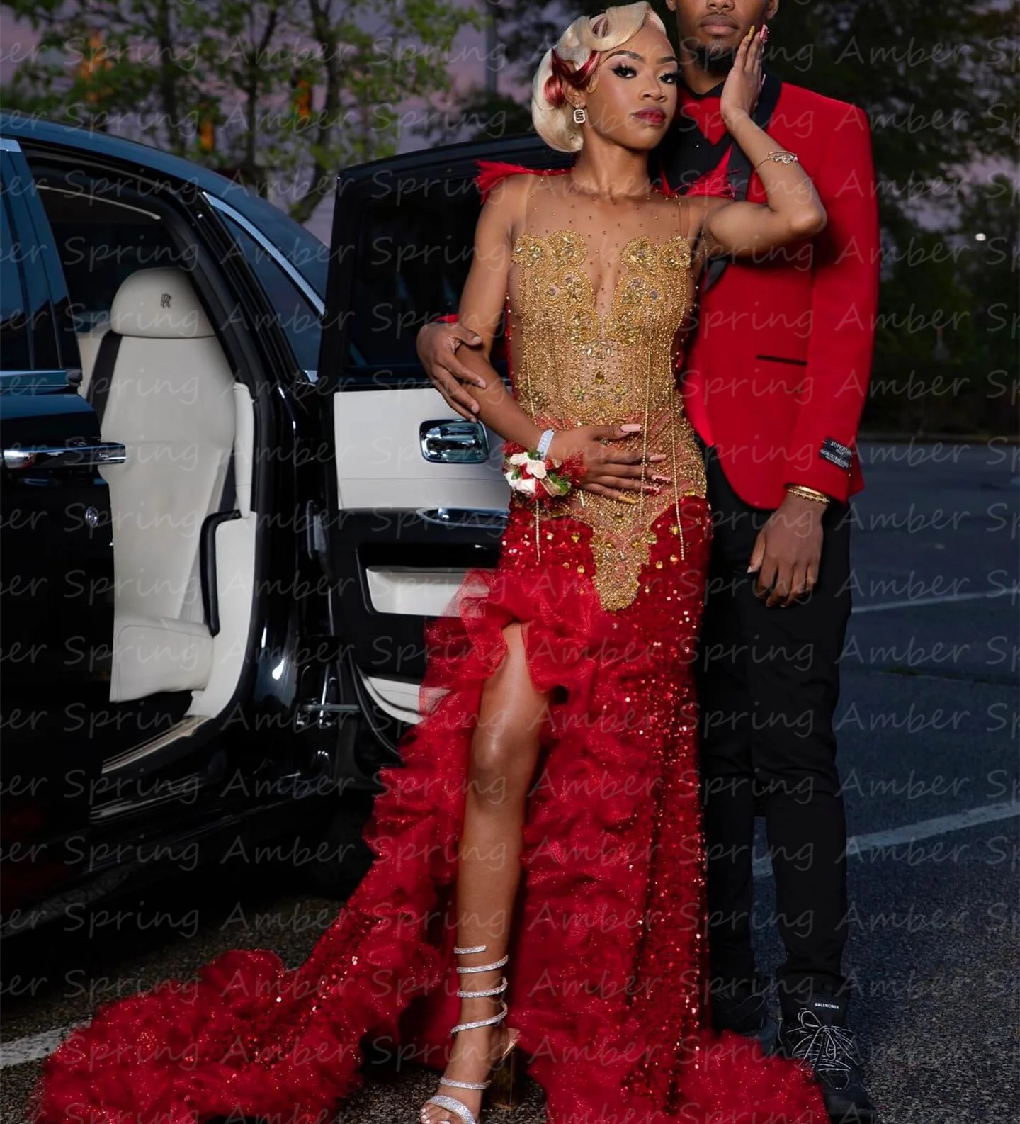 Luxury Rhinestones Red Prom Dresses Gold Crysatl Girl Formal Graduation Party Gowns Beads Tassels Birthday Maxi Robe Customized