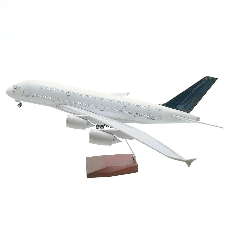 Simulation of civil aviation passenger aircraft model with wheels and lights, model aircraft model