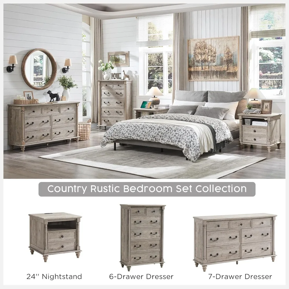 24'' Farmhouse End Table w/4 Solid Wood Feet, Large 2 Drawers Wide Sofa Side Table with Charging Station, Tall Rustic