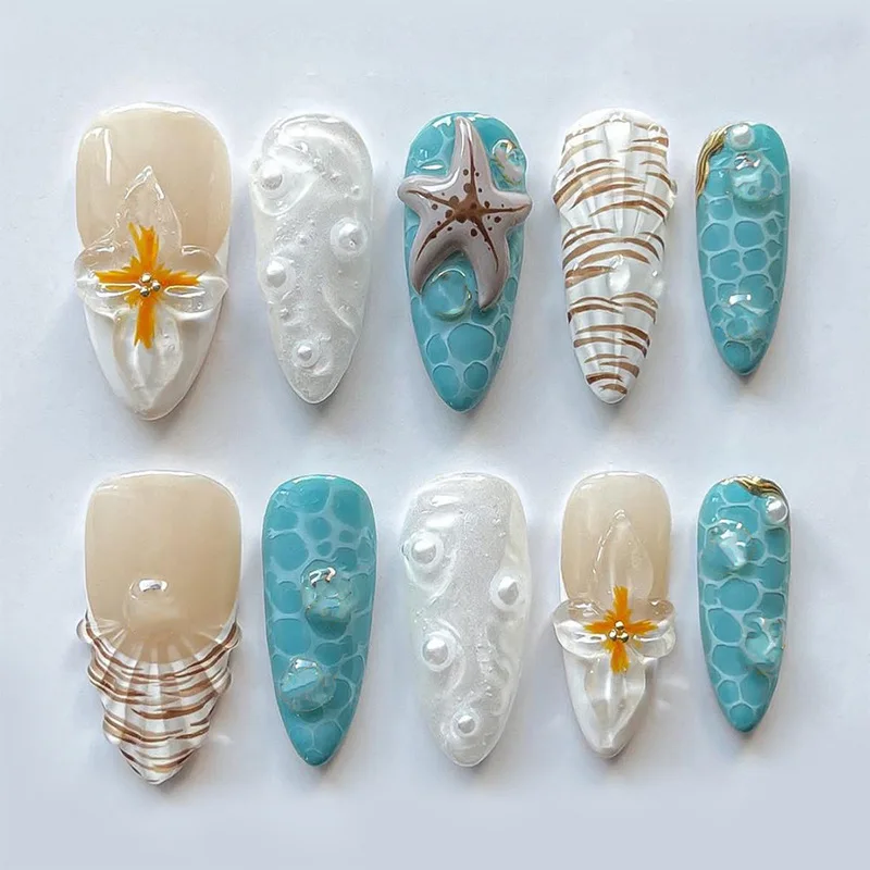 

24pcs Ocean Almond Press on Nails Starfish Pearl Design False Nail Tips Detachable Fashion Flower French Fake Nail Sets Finished