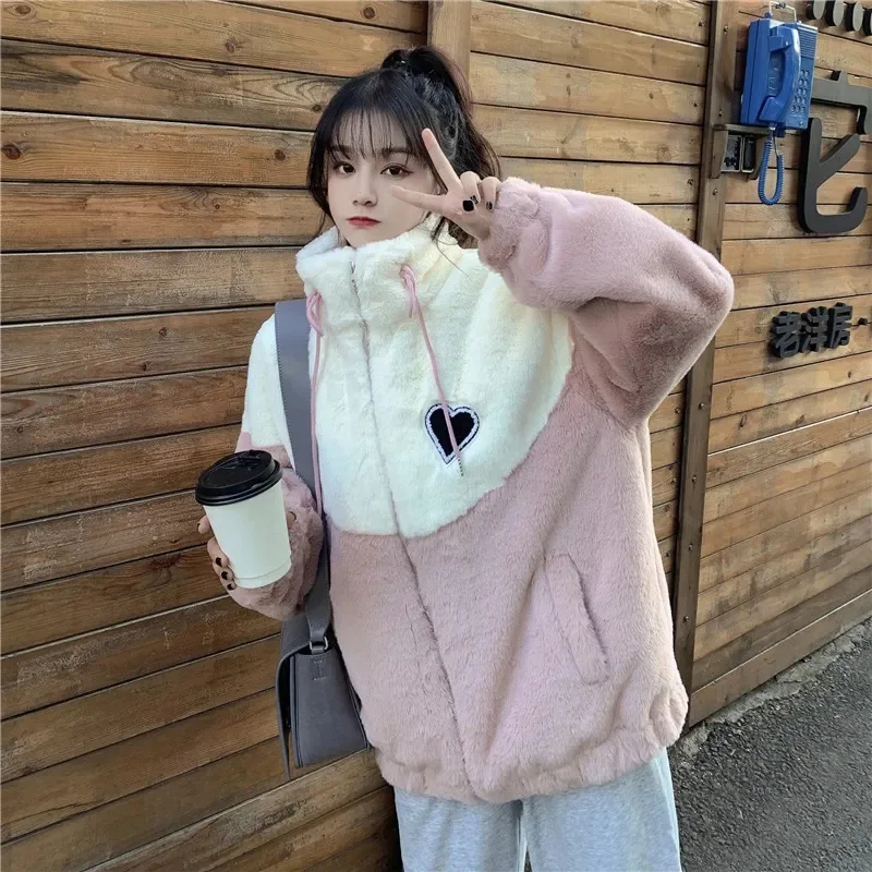 Korean Fashion Stand Collar Splice Color Lamb Wool Women Coats Autumn Winter Thick Warm Imitation Fur Jacket All-match Soft Coat