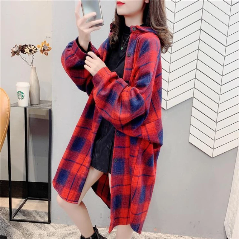 Street Casual Plaid Loose Blouse Spring Autumn New Long Sleeve Polo Neck Youth Vintage Shirt Tops Fashion Korean Women Clothing