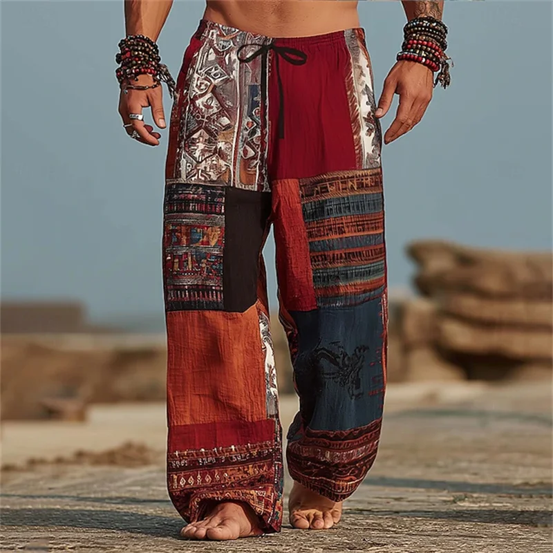 

Летние мужские пляжные шорты, свободный крой, повседневные брюки на шнурке, дышащие широкие брюки с 3D принтом и геометрическим узором
