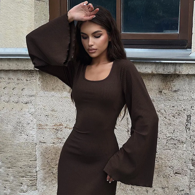 

New Women's Dress 2024 Spring U-Neck Long Sleeve Mid-Waist Tie Slim Comfortable Casual Solid Color Ladies Dress