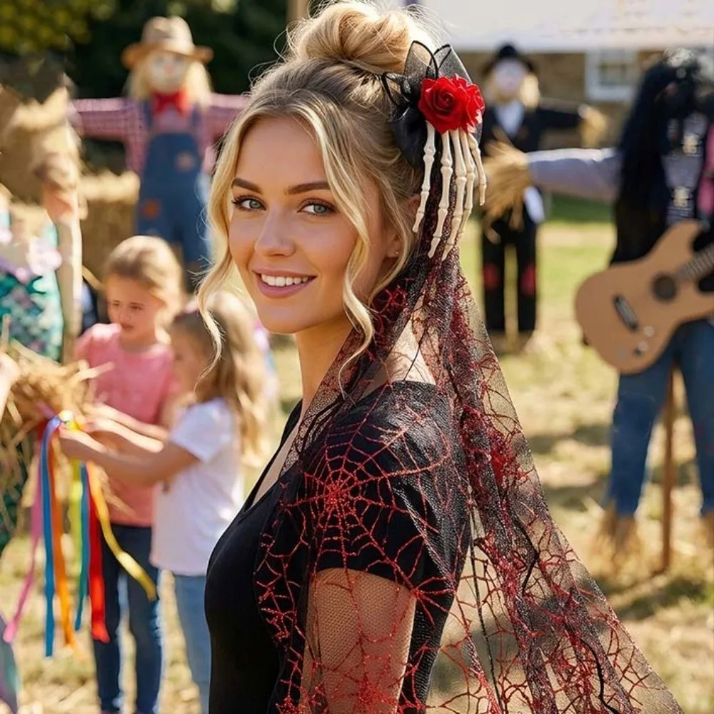 Long Tulle Skeleton Hand Mesh Veil Dark Rose Funny Design Gothic Headband Spiderweb Pattern Bloody Red Skull Hairwear