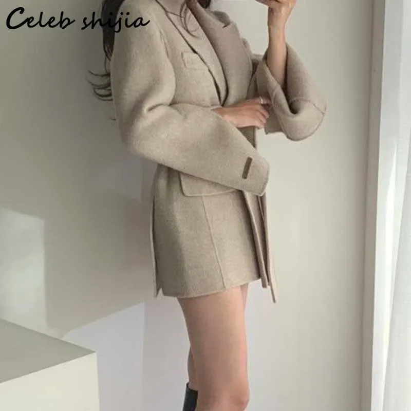 Khaki Woolen Jacket Women Lace-up Winter Fall Chic Thicken Blend Coats Ladies Office Korean Elegant Autumn Outerwear Street