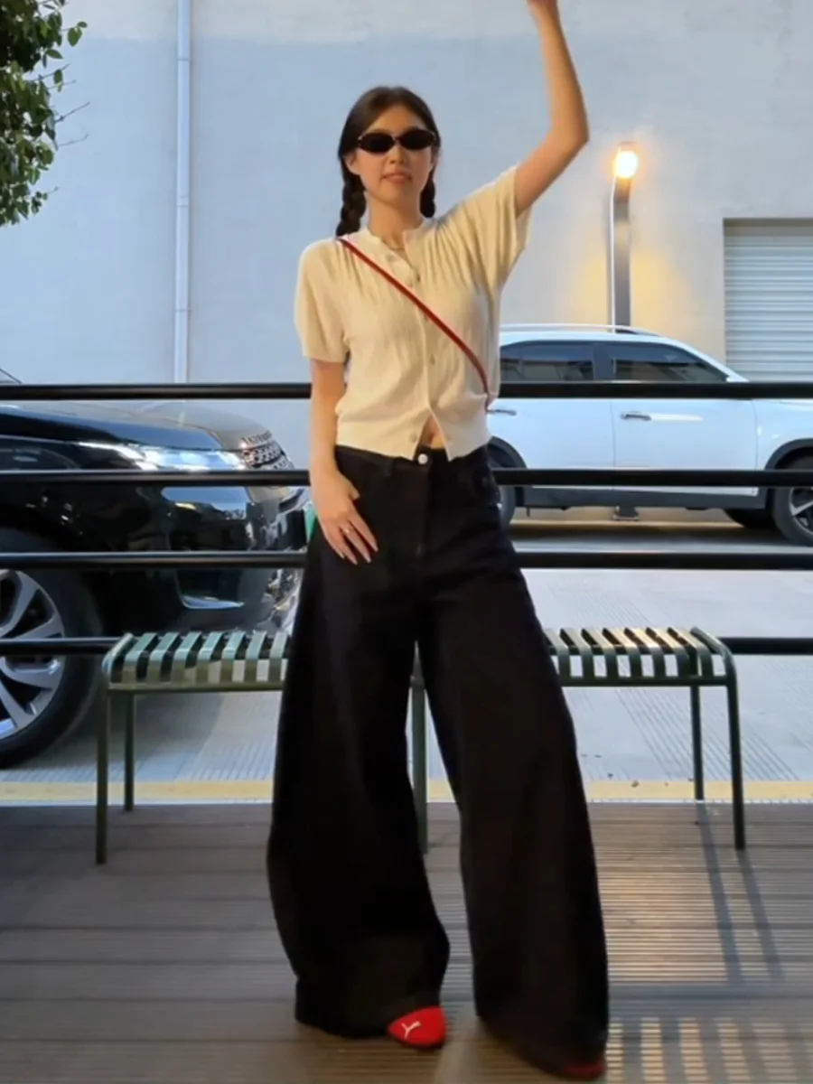 Retro High Waist Wide Leg Denim Jeans Women's Spring Autumn New Style Sweet Cool Spicy Loose Slim Straight Leg Pants