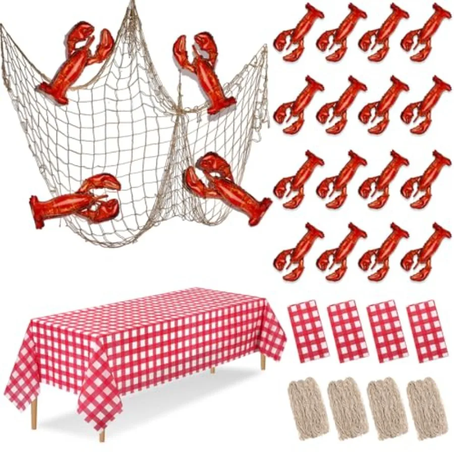 

pcs Crab Boil Party Supplies Includes Crab Balloons Red and White Checked Tablecloth Fish Net Decorative Aluminum Foil Balloons