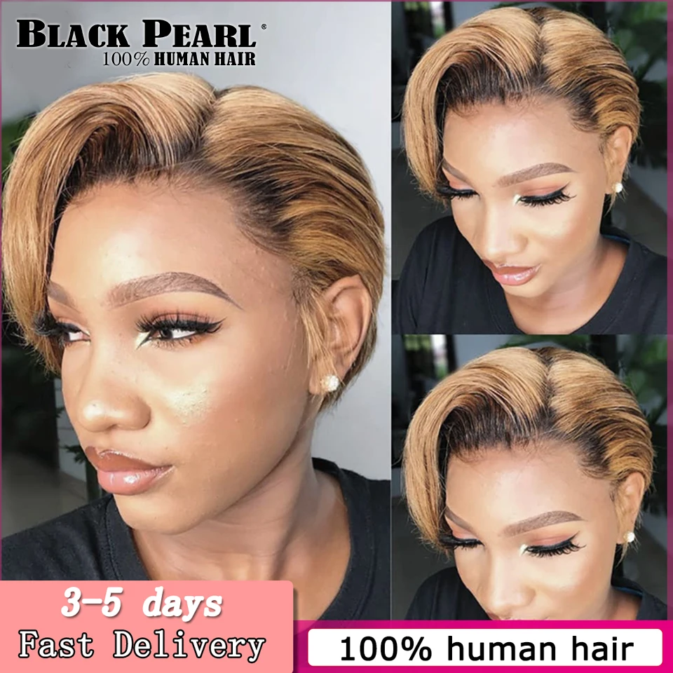 

Парик из натуральных волос Pixie Cut Remy короткий прямой Боб 13х4х1 прозрачный кружевной Омбре цвет парик для женщин preplecked Glueless дешевый парик