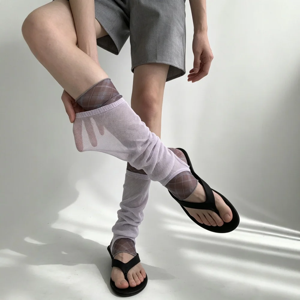 Y2K Plaid Leg Warmers Women Retro Sheer Grid Slouch Calf Socks Hollow Out Cutout Socks Split Toe Shoes Sandals Korean  Accessory