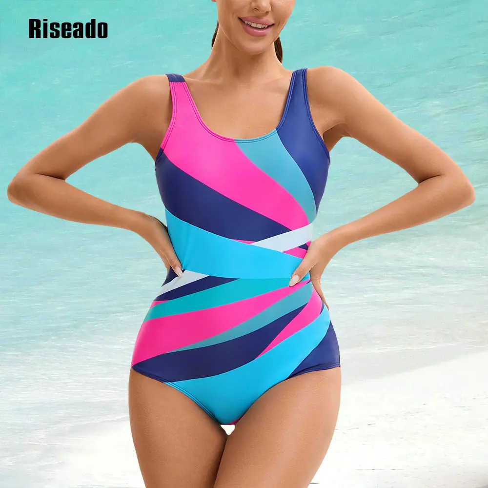 Riseado One Piece Swimsuit Athletic Bathing Suits Training Sport Swimwear for Women Color Block Monokini Multicolor