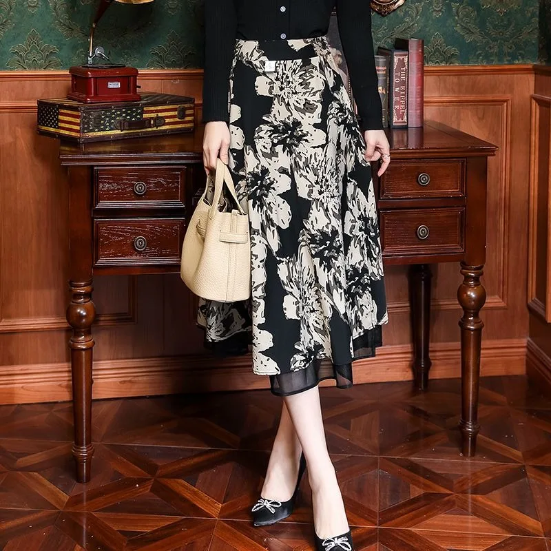 New High End Fashion Skirt Women Office Lady Slim Mesh Printing A-line Midi Skirts Women's Clothing Spring Autumn Jupe
