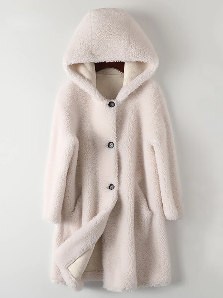 

Women Sheepskin Wool Coat Hooded Ladies Winter Single Breasted Genuine Fur Outwear Jacket Warm Luxury Overcoat