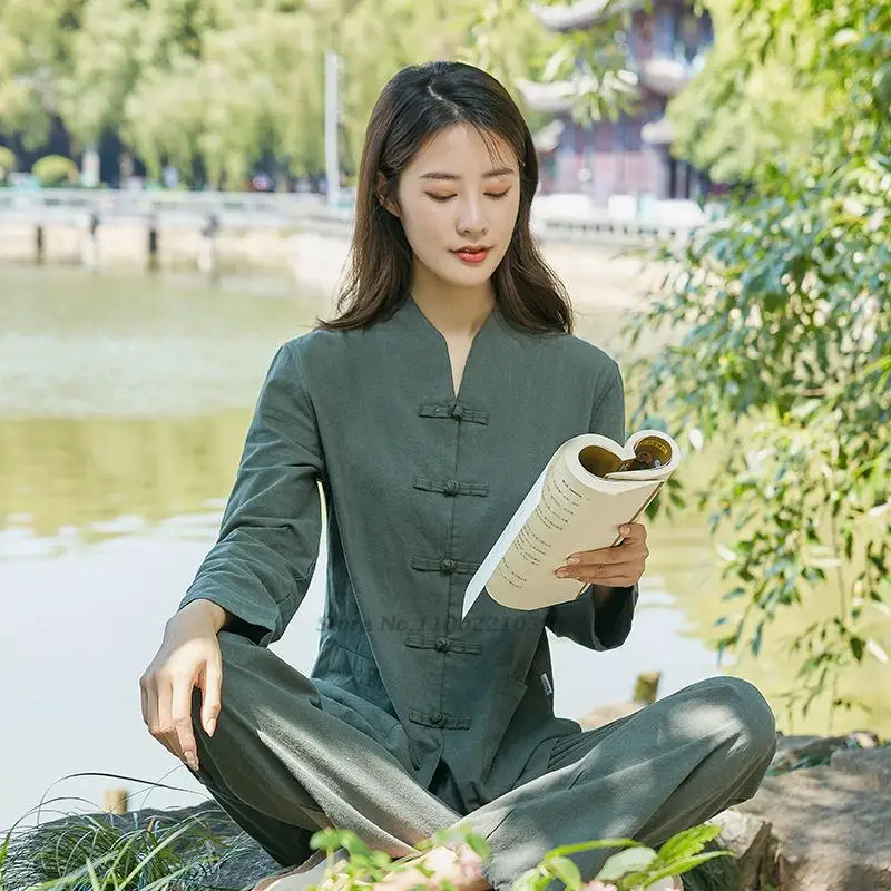 Setelan pakaian tradisional wanita, setelan atasan kardigan Hanfu teh Linen, celana seragam Tai Kung Fu