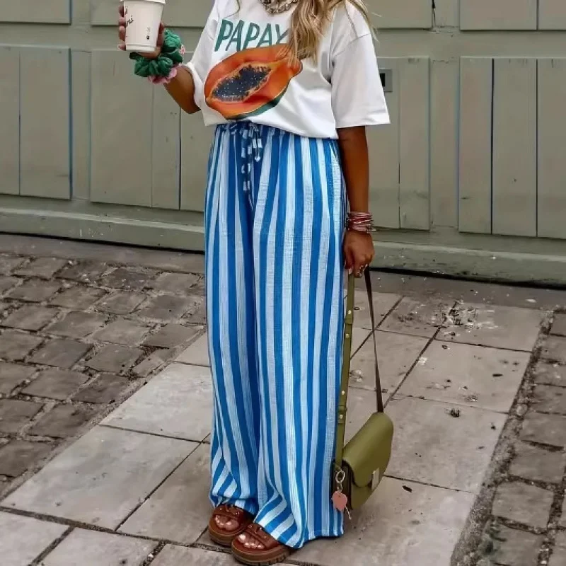Spring Summer Women's Loose Casual Block Color Striped Print Straight-Leg Trousers fashion high quality woman pants