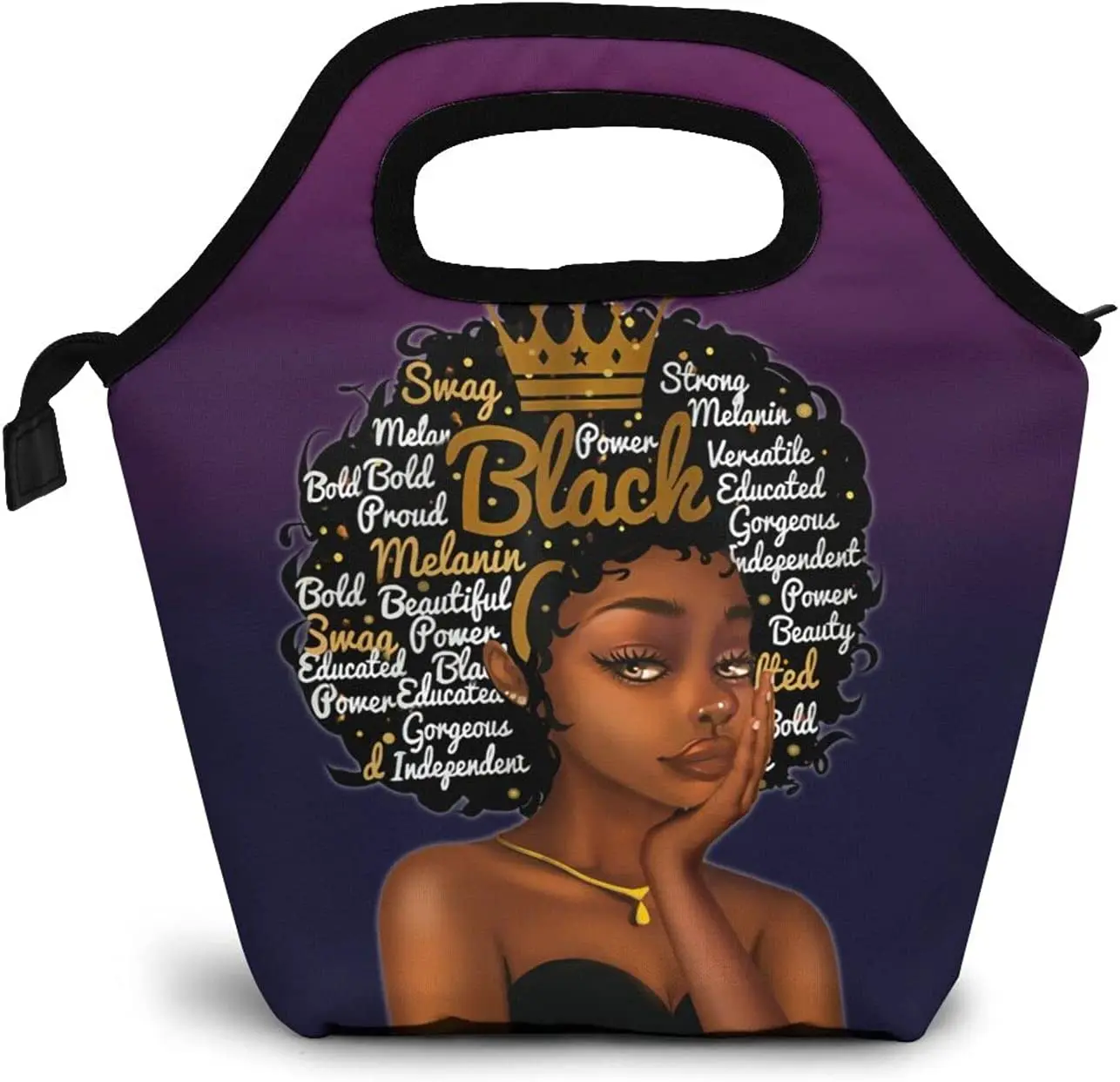 African American Women Thermal Lunch Bag Afro Girl Handbag Lunch Kit Insulated Cooler Box Reusable for Travel Picnic Work School