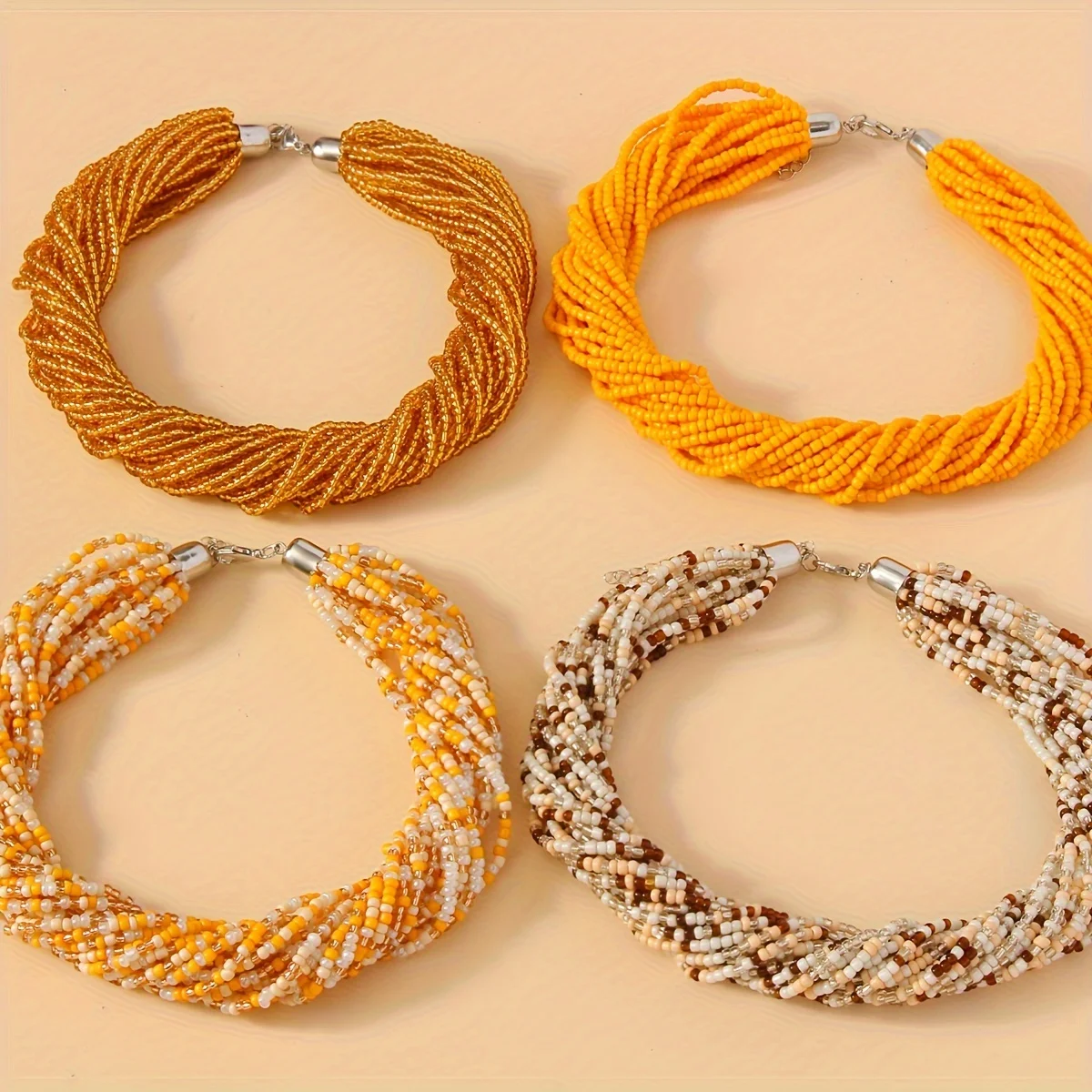 1 قطعة البوهيمي الأصفر البرتقالي المألوف بسيط متعدد الطبقات الأرز عقد من اللؤلؤ التعادل الرقبة المرأة سلسلة عنق سلسلة الترقوة #3