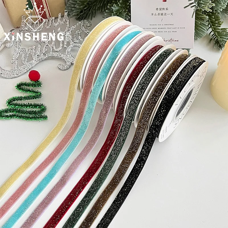 

1cm*6yardsChristmas Flocked Ribbon - Flower Bouquet Bow Gift Wrapping Tape DIY Craft Floral Supplies