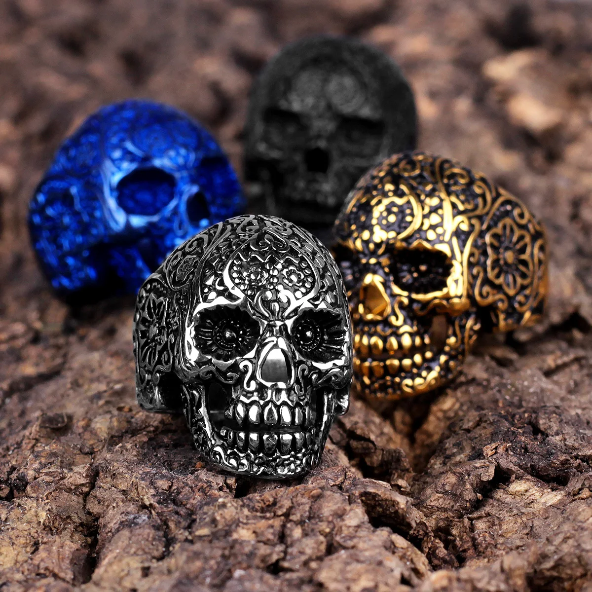 Stainless Steel Gothic Skull Bones Men Rings Vintage Carving Domineering Gothic Rock Biker for Male Men Boy Fashion Jewelry Gift