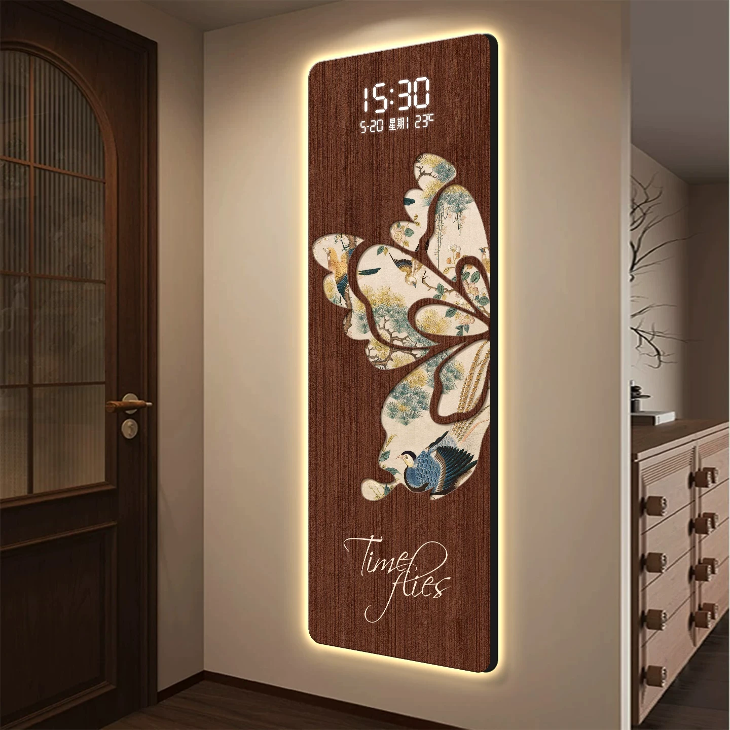Mid ancient style butterfly painting, entrance facing door decoration painting with electronic digital display and luminous ligh