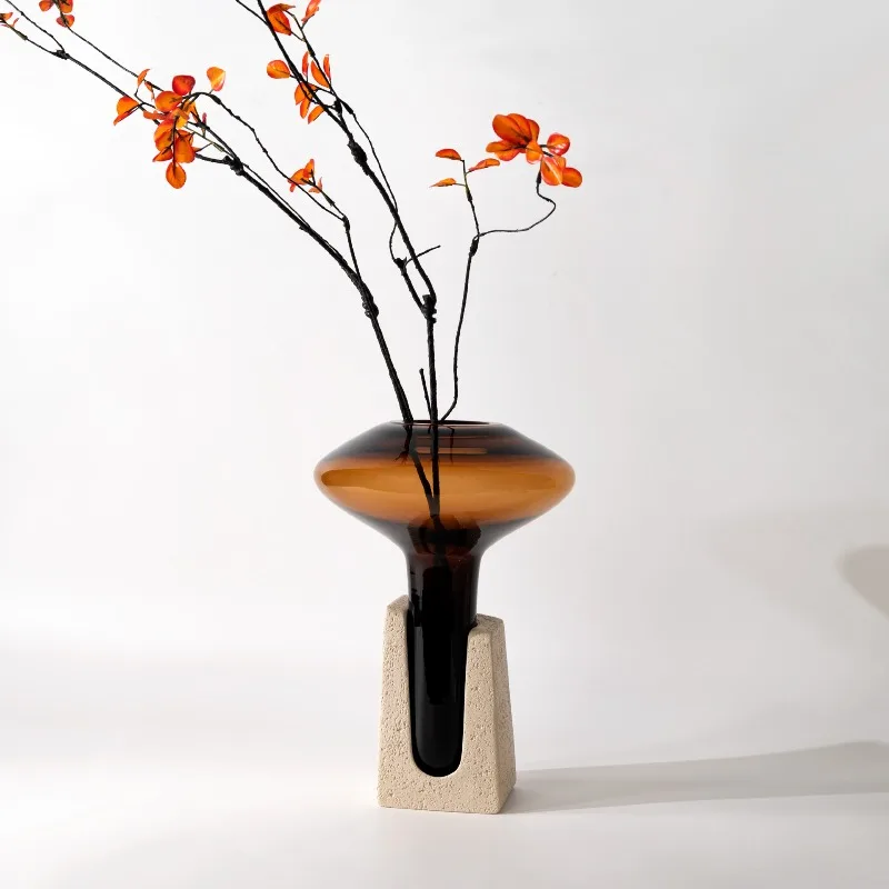 Antique Resin Base Glass Flower Vase Decoration Office Hotel Furnishing Ornaments Home Livingroom Desk Flower Arrangement Crafts