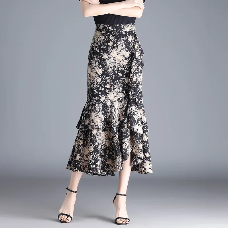 2026 Summer New Irregular Ruffled Chiffon Midi Skirt Women High Waist A-Line Mermaid Bodycon Elegant Ladies Holiday Party Midi S
