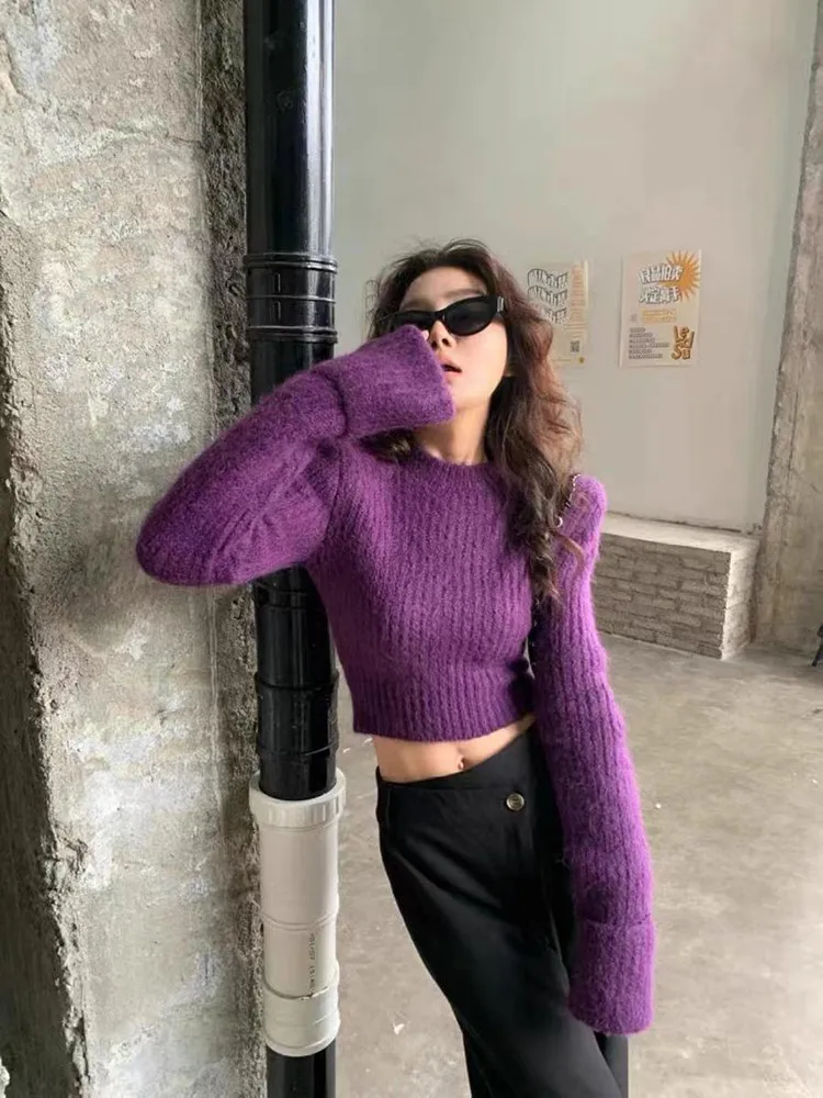 

Американский стильный фиолетовый свитер для женщин, весенний, в стиле High Street, новый вязаный топ, сексуальный, для повседневной носки, облегающий, для девушек, в стиле Hool...