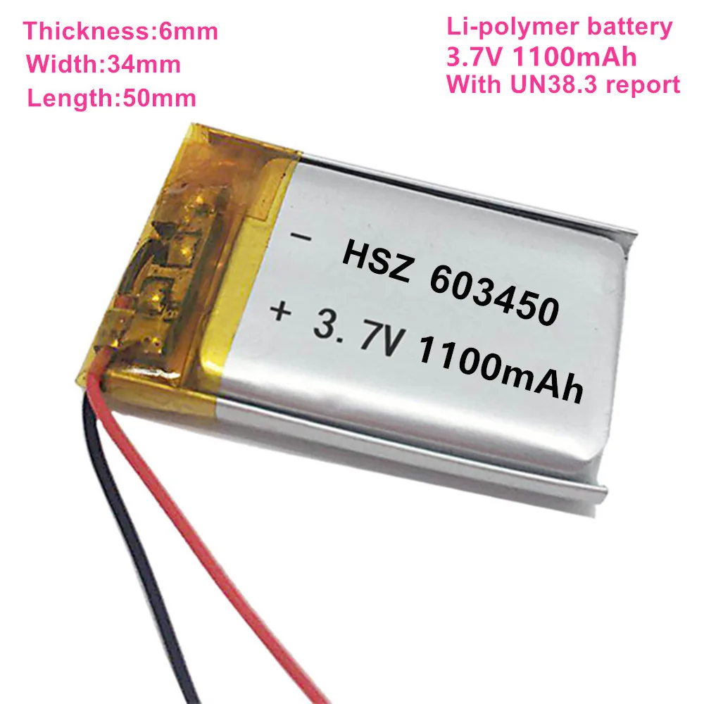 Free shipping by DHL Fedex bluetooth play 1100mAh 603450 063450 3.7V Lithium polymer Li ion battery doorbell battery 100pcs/lot