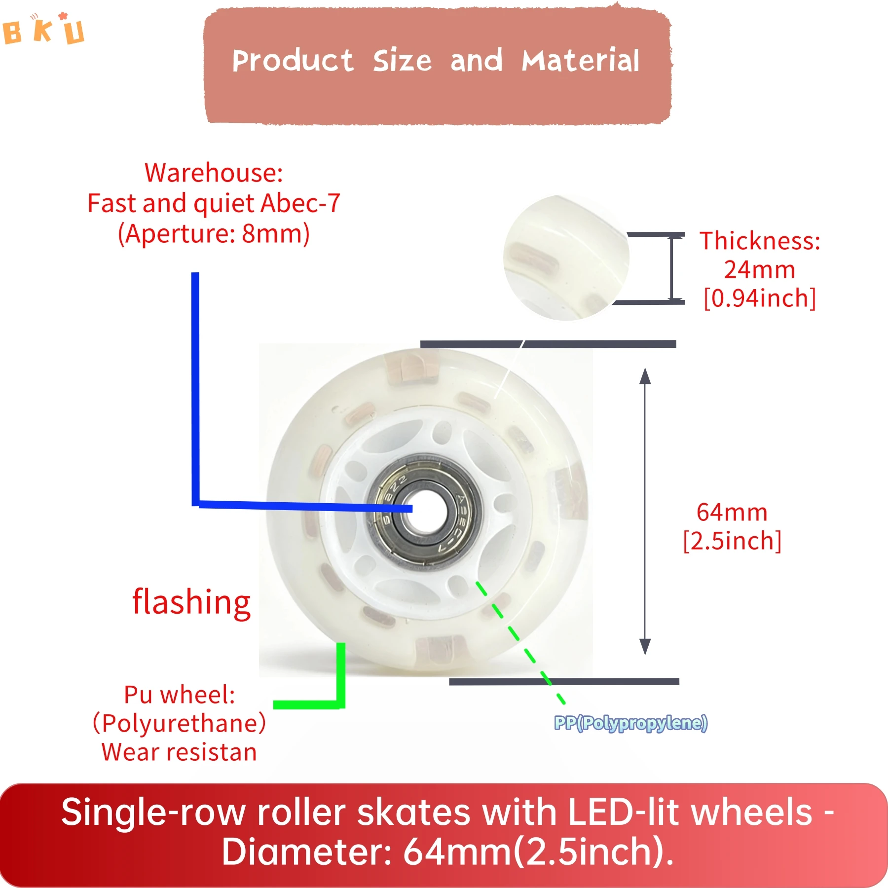 Paquete de 2 ruedas con luz LED de 64 mm (2,5 ") de material PU con rodamientos ABEC-7, brillo colorido para patines/scooters/equipajes en línea